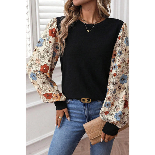 Lily Rose Flower Puff Sleeve Patchwork Top