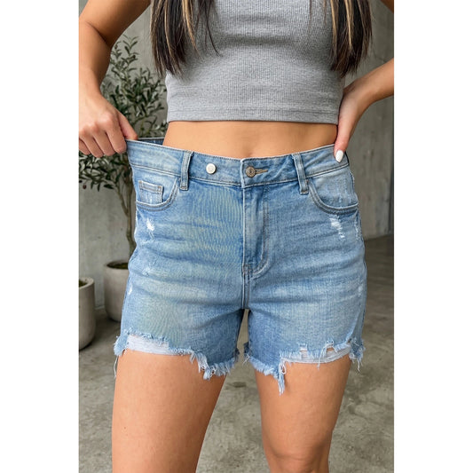 Alberta Light Blue Asymmetric Raw Hem Distressed Whiskery Denim Shorts