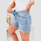 Alberta Light Blue Asymmetric Raw Hem Distressed Whiskery Denim Shorts