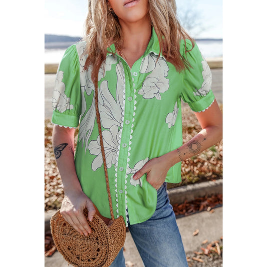 Porsha Light Green Floral Ric Rac Edge Puff Sleeve Button Up Summer Shirt