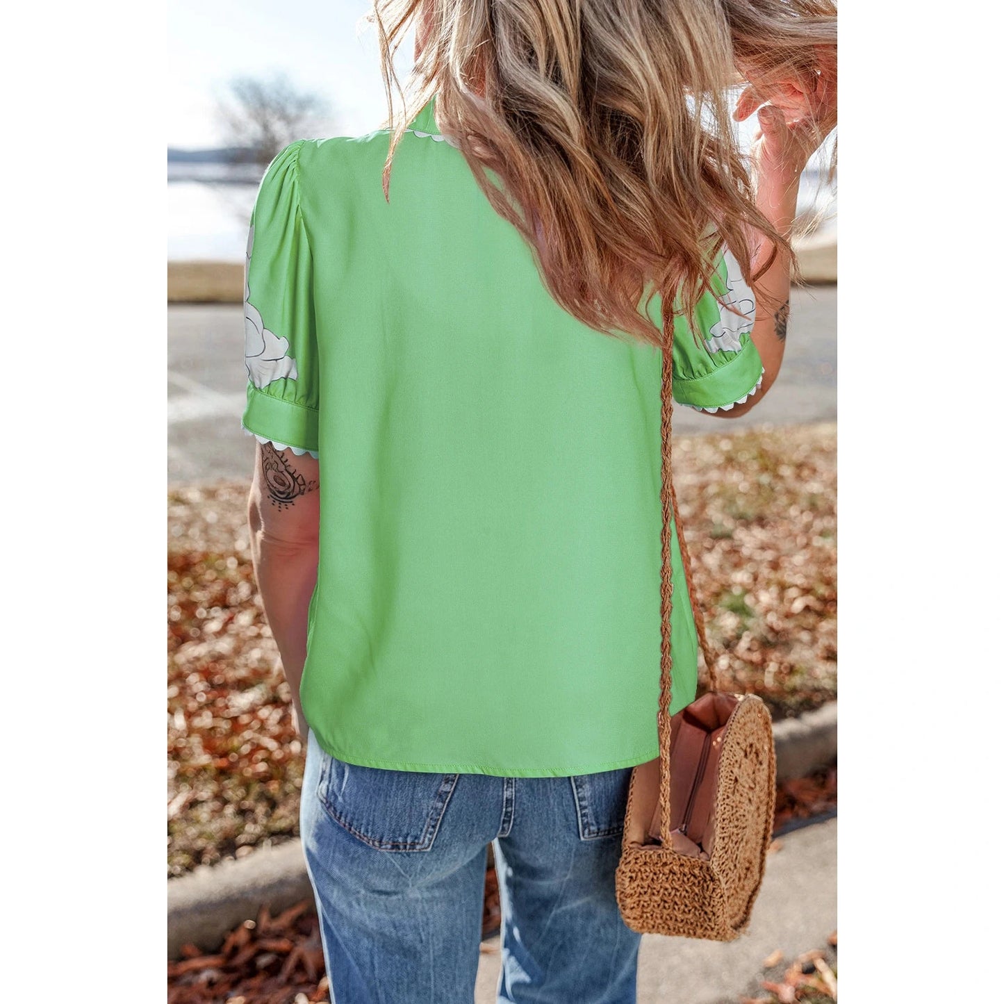Porsha Light Green Floral Ric Rac Edge Puff Sleeve Button Up Summer Shirt
