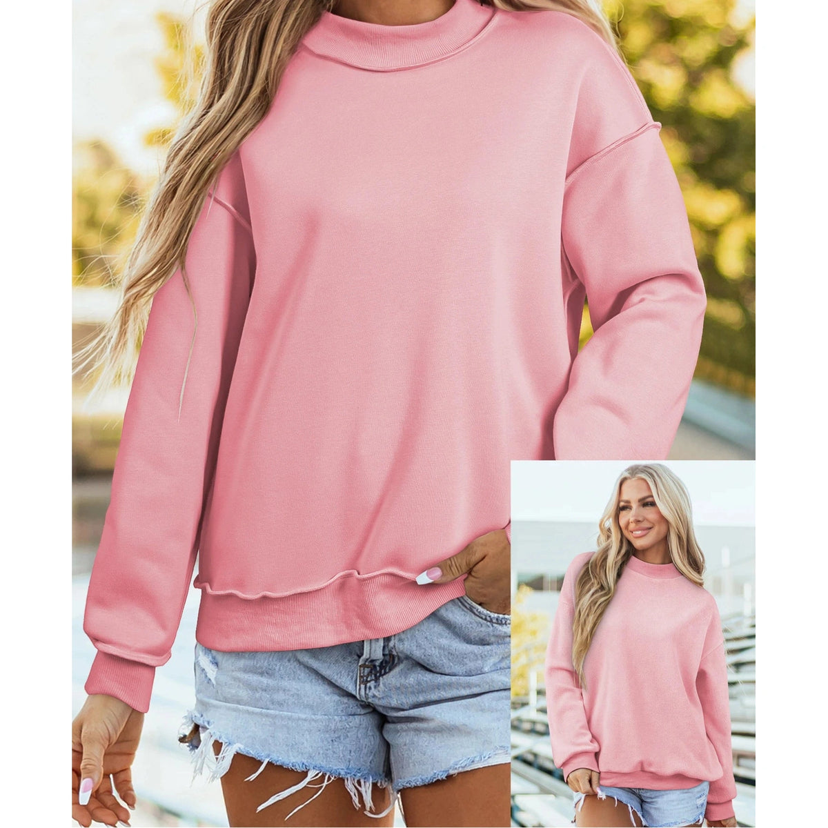 Alessia Light Pink Oversize Drop Shoulder Reversible Mock Neck Sweatshirt