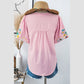 LuAnn Pink Floral Embroidered Puff Sleeve Split Neck Blouse