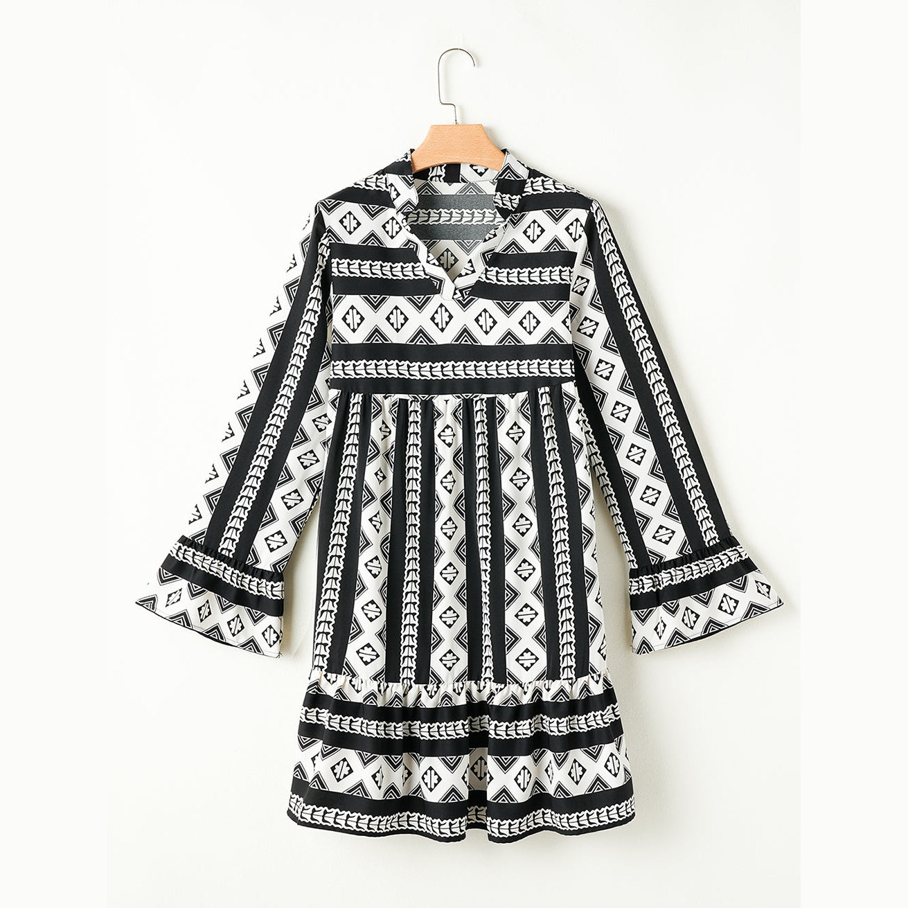 Lucetta Black Boho Geometric Printed Flared Long Sleeve Mini Dress