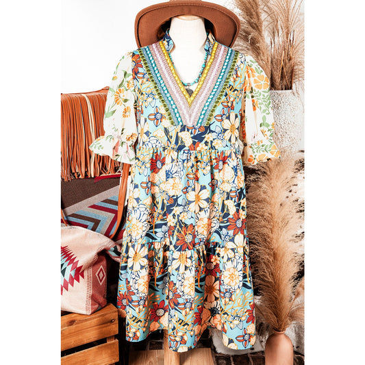 Luciana Multicolour Boho Floral Print Crochet Patchwork V Neck Loose Mini Dress