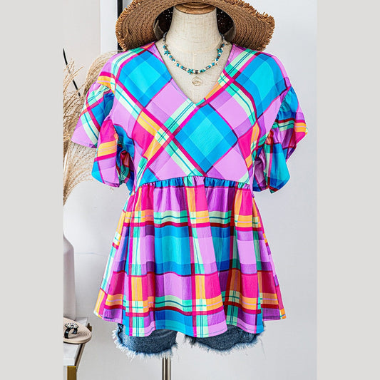 Lucie Sky Blue Colorful Plaid V Neck Ruffled Short Sleeve Babydoll Top