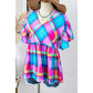 Lucie Sky Blue Colorful Plaid V Neck Ruffled Short Sleeve Babydoll Top