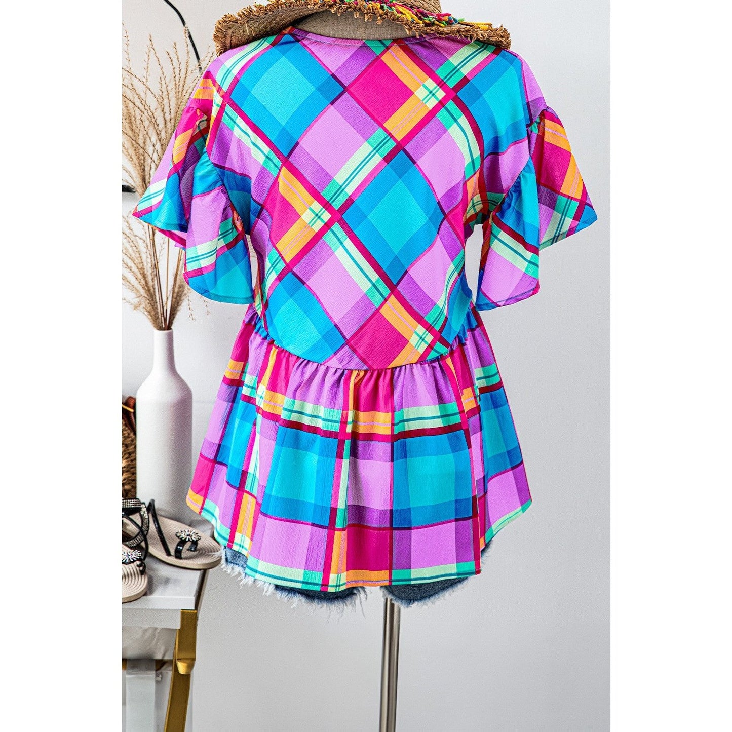 Lucie Sky Blue Colorful Plaid V Neck Ruffled Short Sleeve Babydoll Top