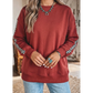 Lucilla Mineral Red Checkered Trim Long Sleeve Round Neck Shift Sweatshirt