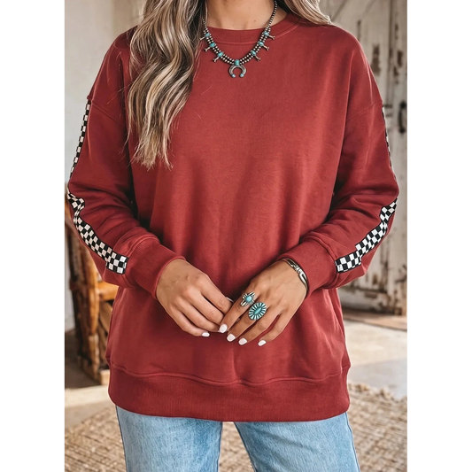 Lucilla Mineral Red Checkered Trim Long Sleeve Round Neck Shift Sweatshirt