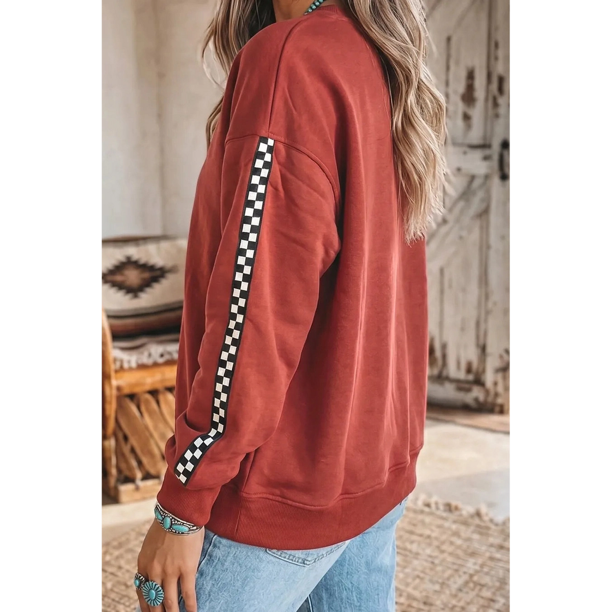 Lucilla Mineral Red Checkered Trim Long Sleeve Round Neck Shift Sweatshirt