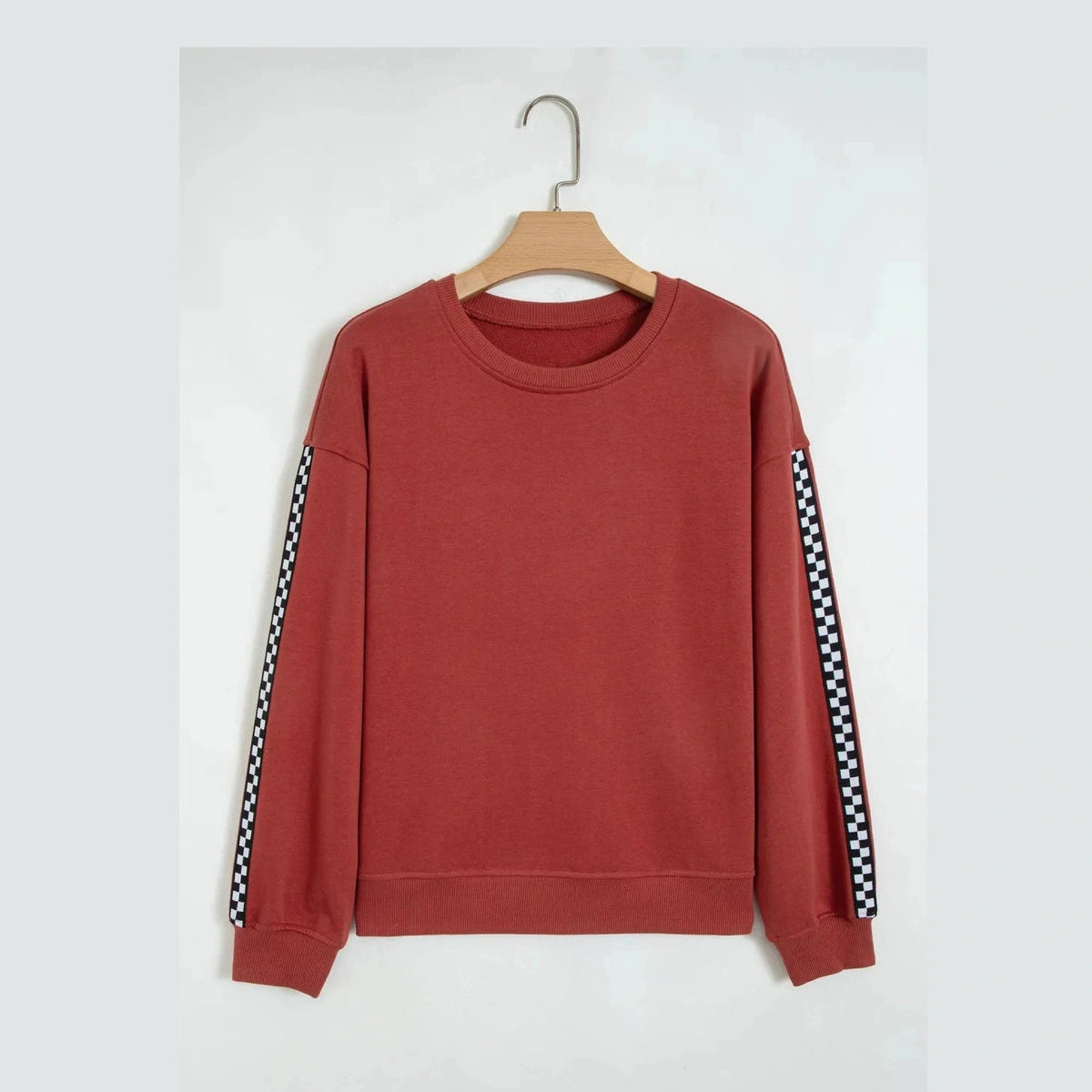 Lucilla Mineral Red Checkered Trim Long Sleeve Round Neck Shift Sweatshirt
