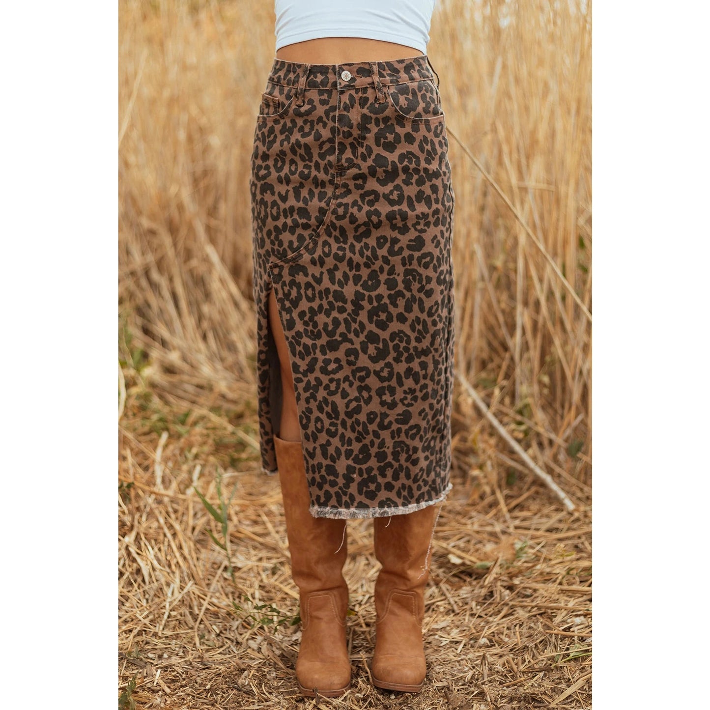 Lucille Brown Leopard Denim Frayed Split Denim Midi Skirt
