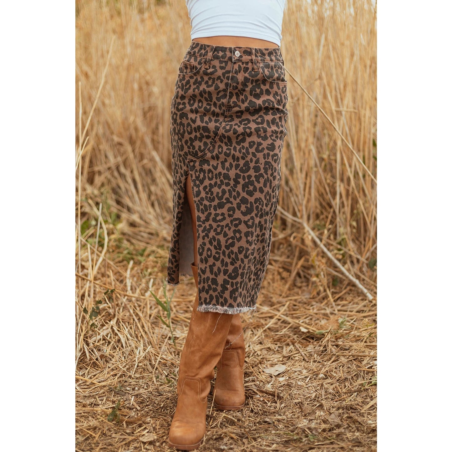Lucille Brown Leopard Denim Frayed Split Denim Midi Skirt