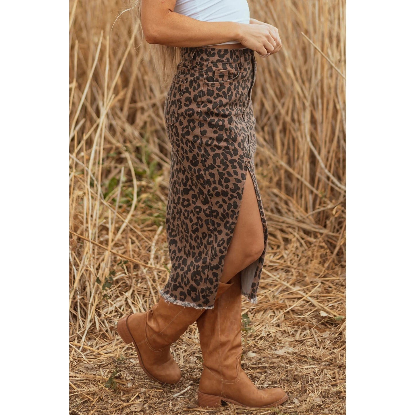Lucille Brown Leopard Denim Frayed Split Denim Midi Skirt