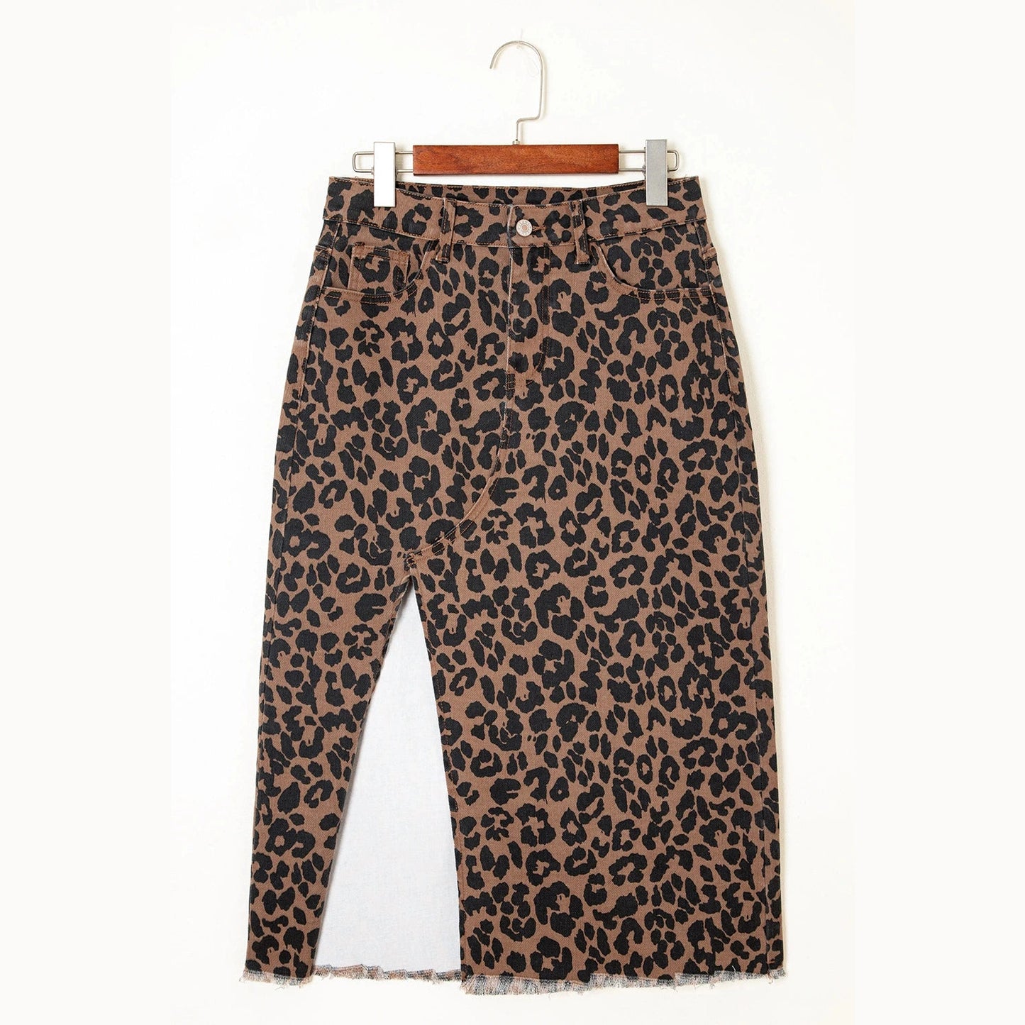 Lucille Brown Leopard Denim Frayed Split Denim Midi Skirt