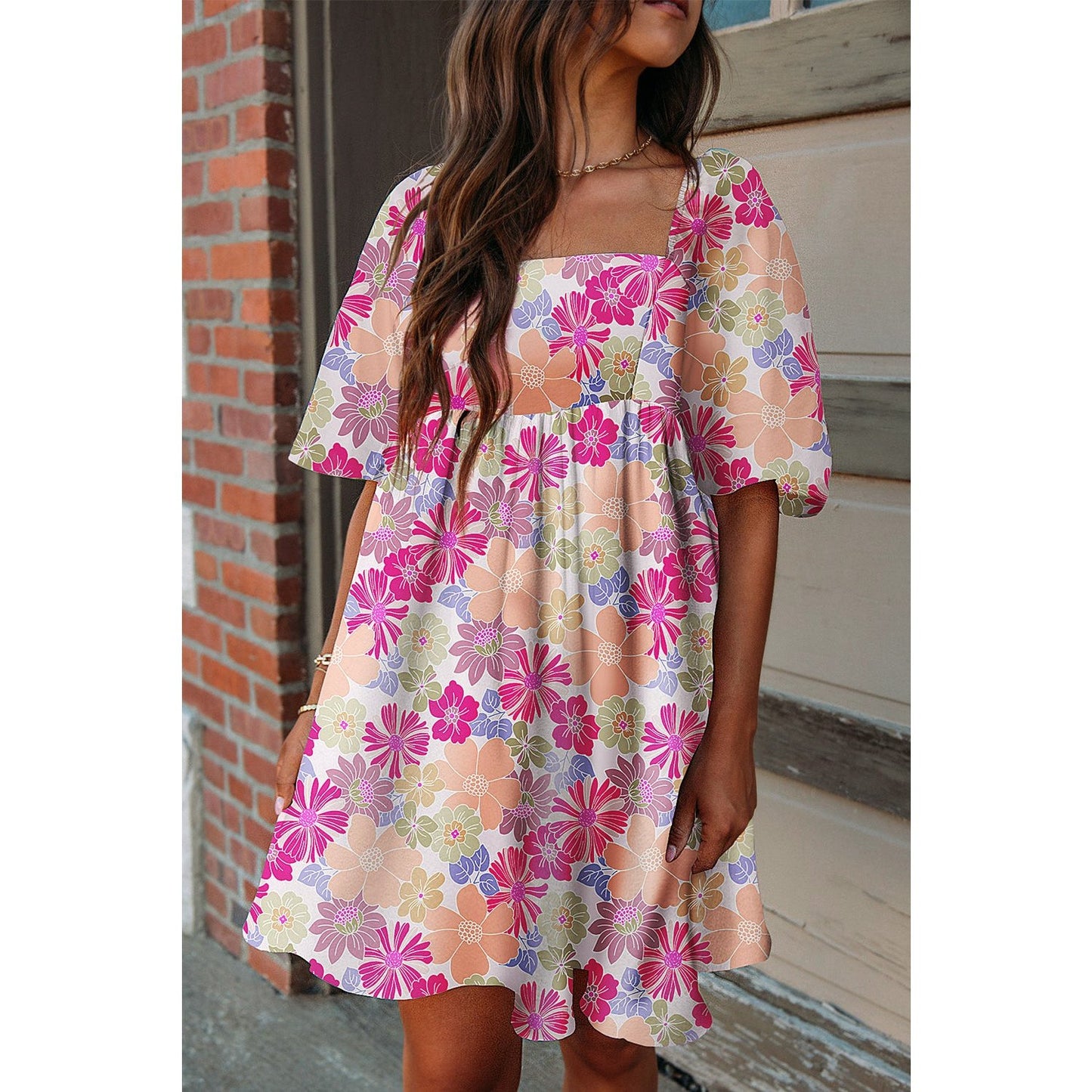 Lue Hot Pink Floral Square Neck Puff Sleeve Babydoll Dress