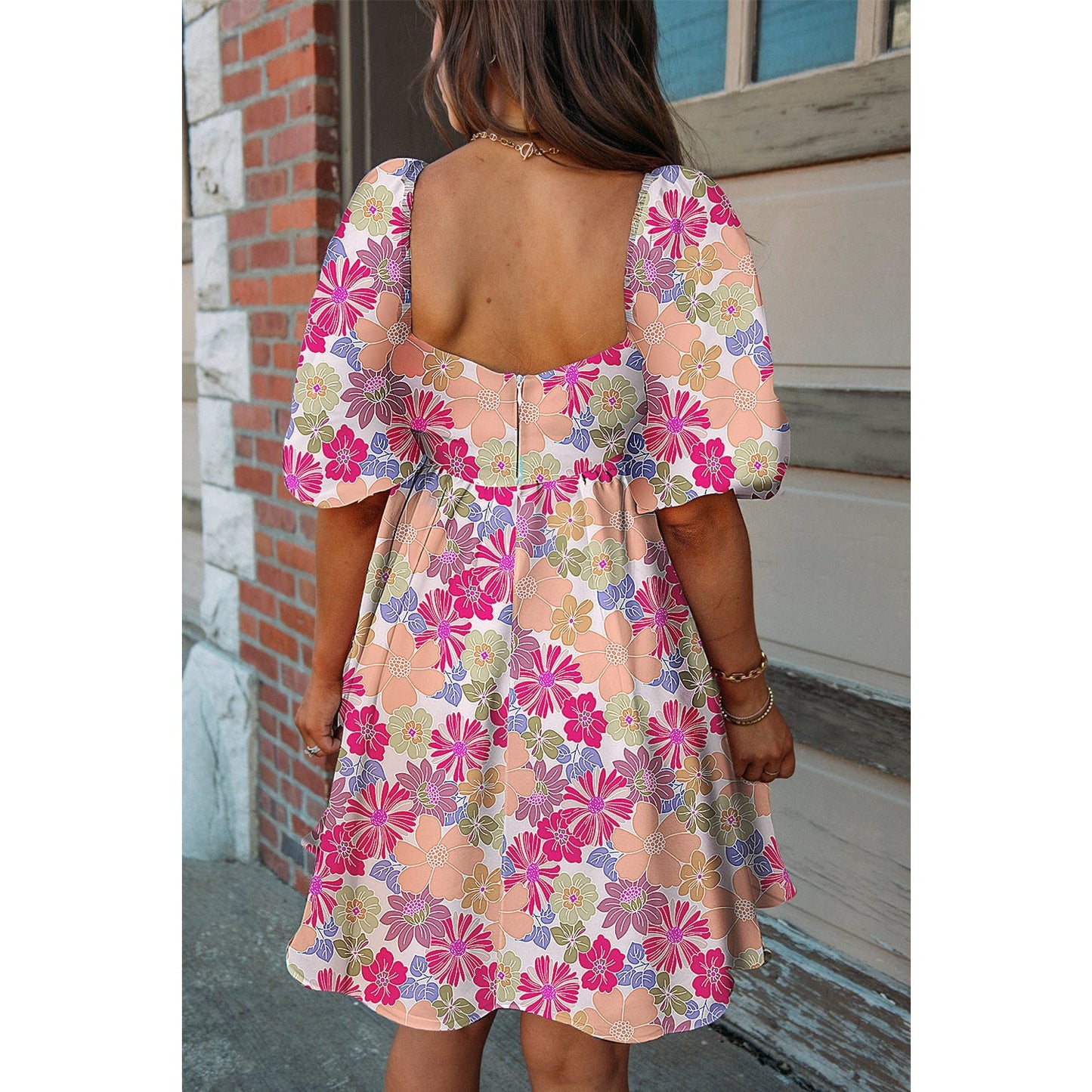 Lue Hot Pink Floral Square Neck Puff Sleeve Babydoll Dress