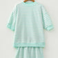 Lulie Green Stripe Ribbed Color Block Trim Half Sleeve Top Mini Skort 2pcs Outfit
