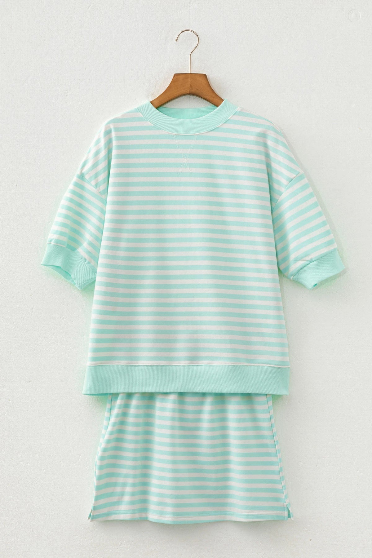 Lulie Green Stripe Ribbed Color Block Trim Half Sleeve Top Mini Skort 2pcs Outfit