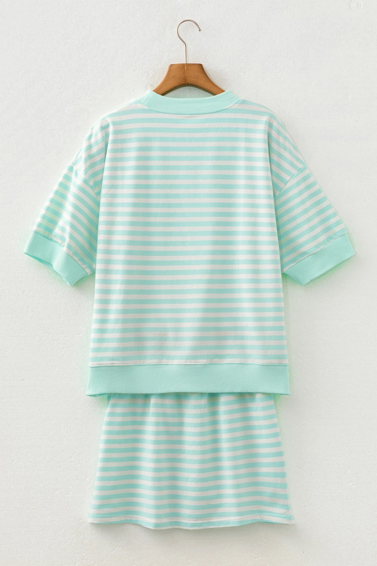 Lulie Green Stripe Ribbed Color Block Trim Half Sleeve Top Mini Skort 2pcs Outfit