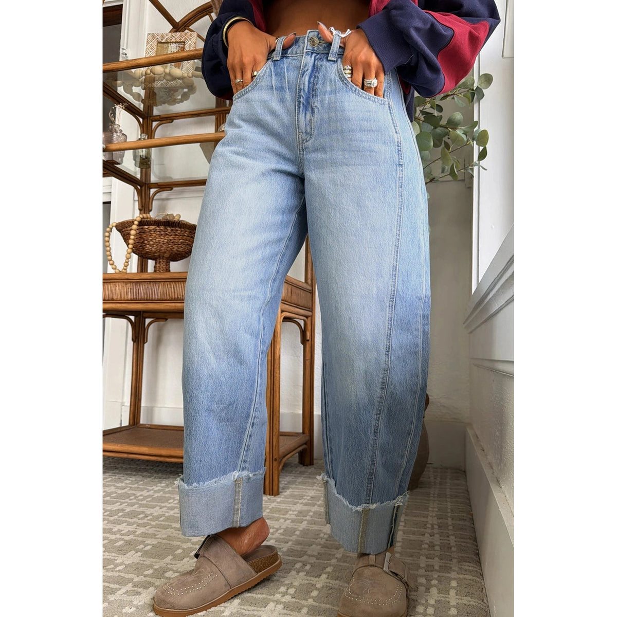 Lylah Raw Hem Turnup Loose Ankle-length Jeans