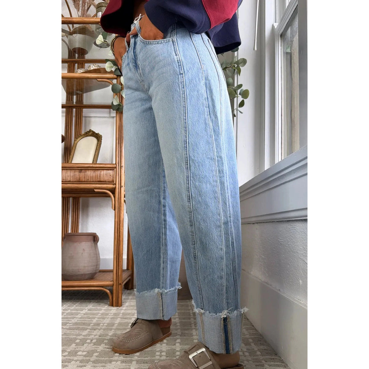 Lylah Raw Hem Turnup Loose Ankle-length Jeans