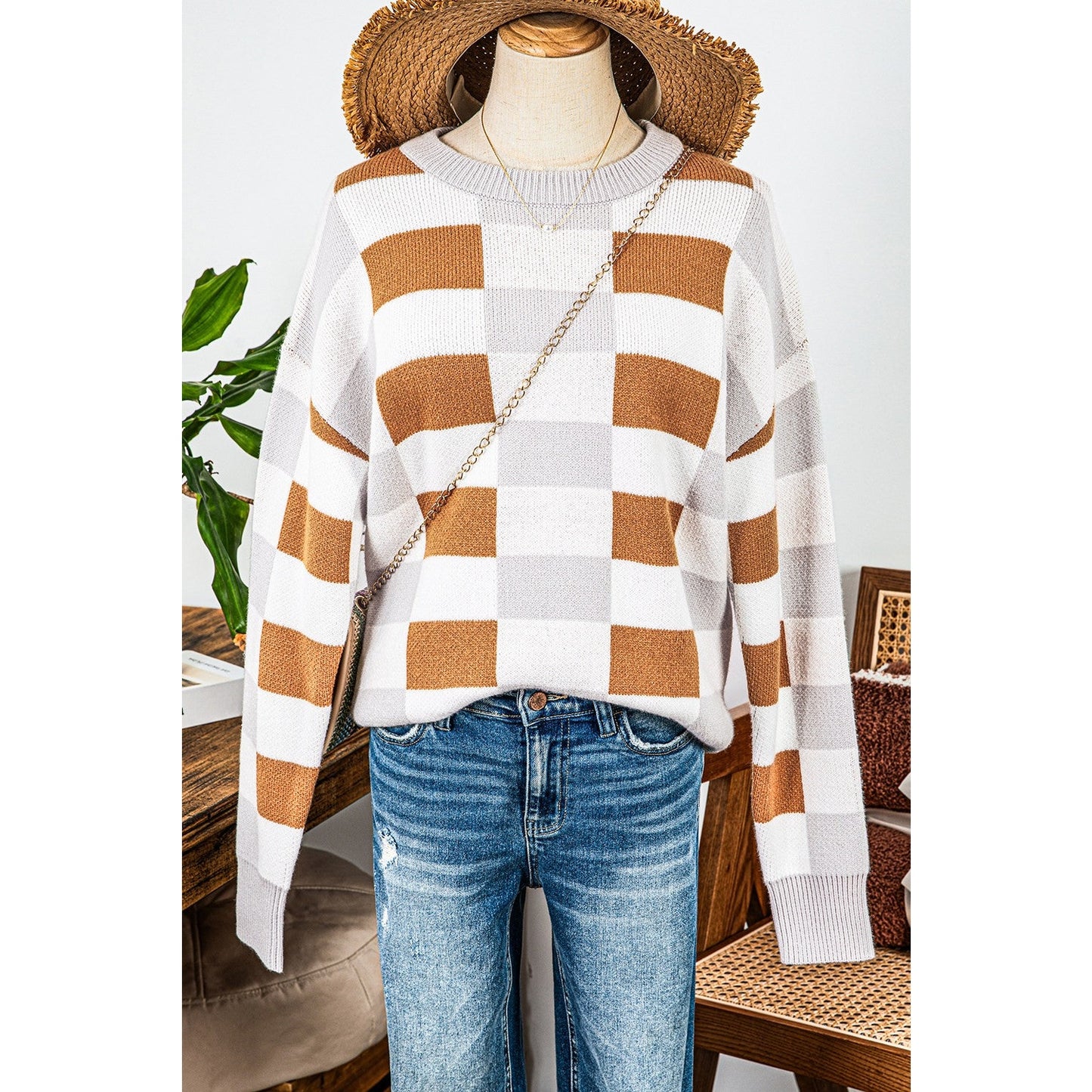 Lynette Brown Checkered Ribbed Edge O Neck Drop Shoulder Sweater