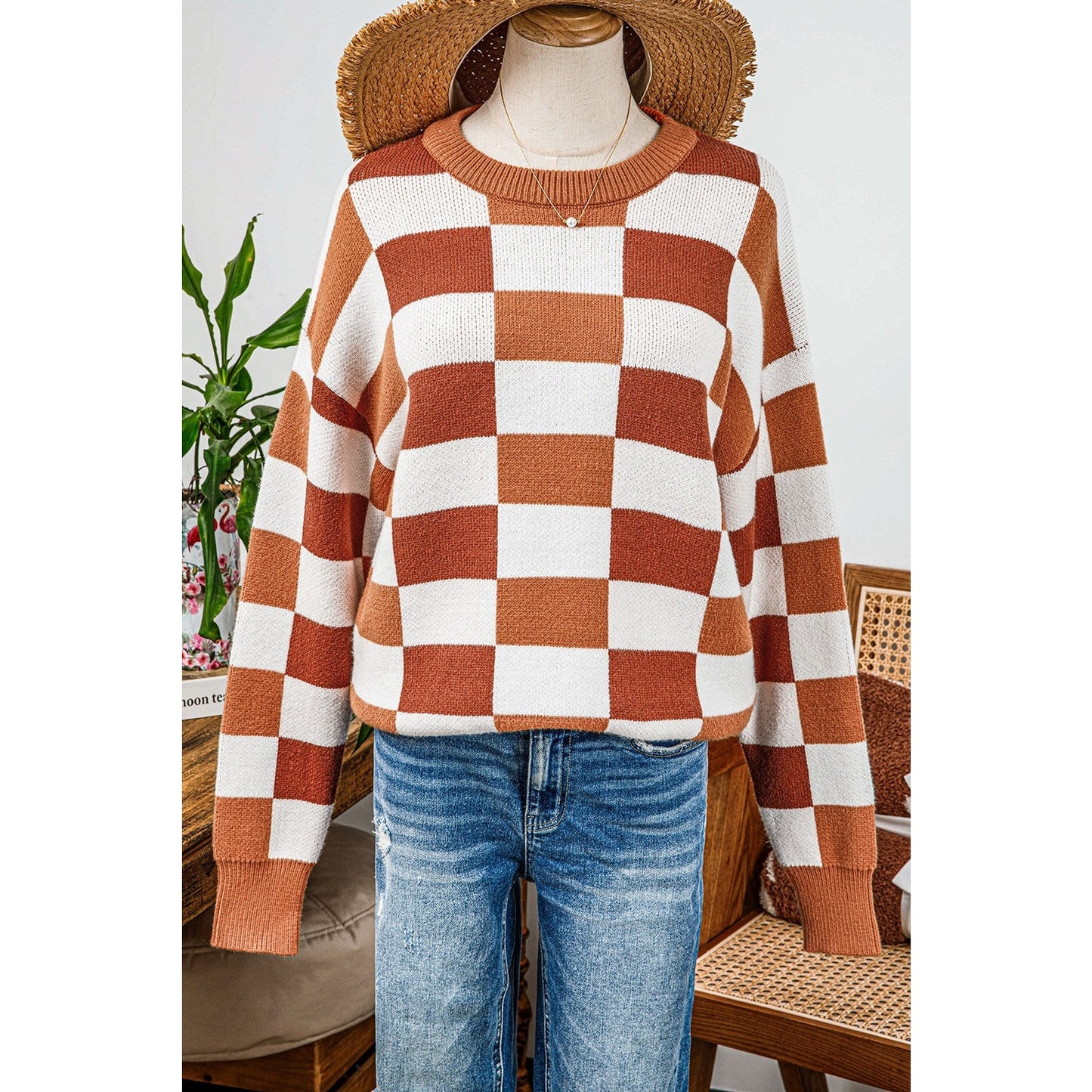 Lynette Orange Checkered Ribbed Edge O Neck Drop Shoulder Sweater