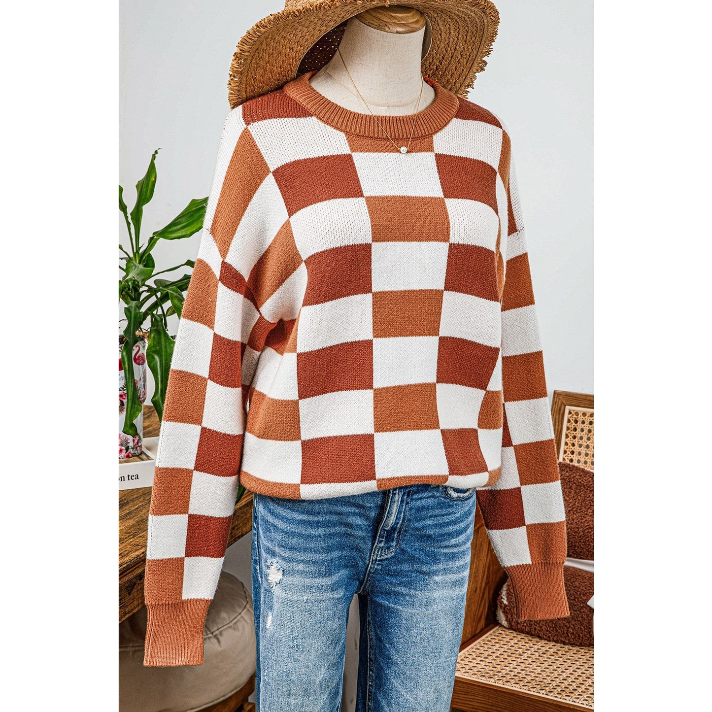 Lynette Orange Checkered Ribbed Edge O Neck Drop Shoulder Sweater