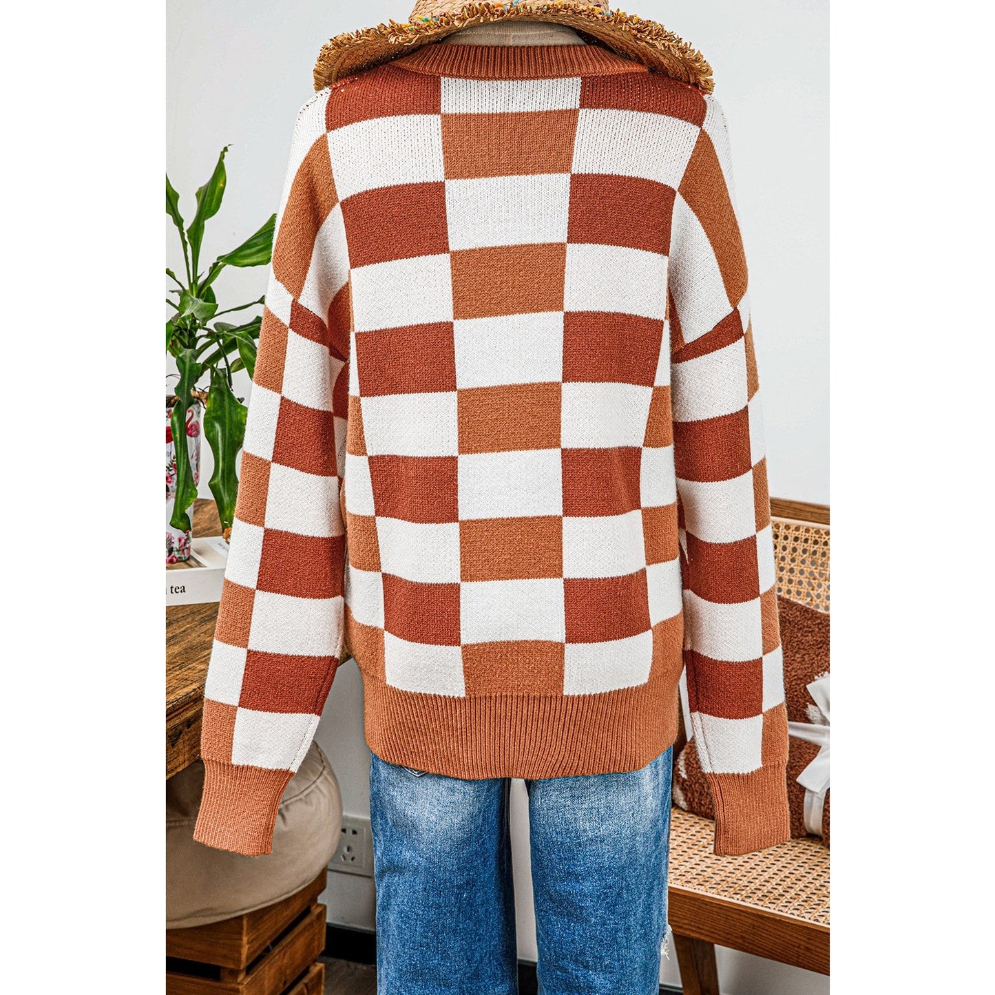 Lynette Orange Checkered Ribbed Edge O Neck Drop Shoulder Sweater