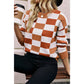 Lynette Orange Checkered Ribbed Edge O Neck Drop Shoulder Sweater