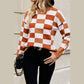 Lynette Orange Checkered Ribbed Edge O Neck Drop Shoulder Sweater