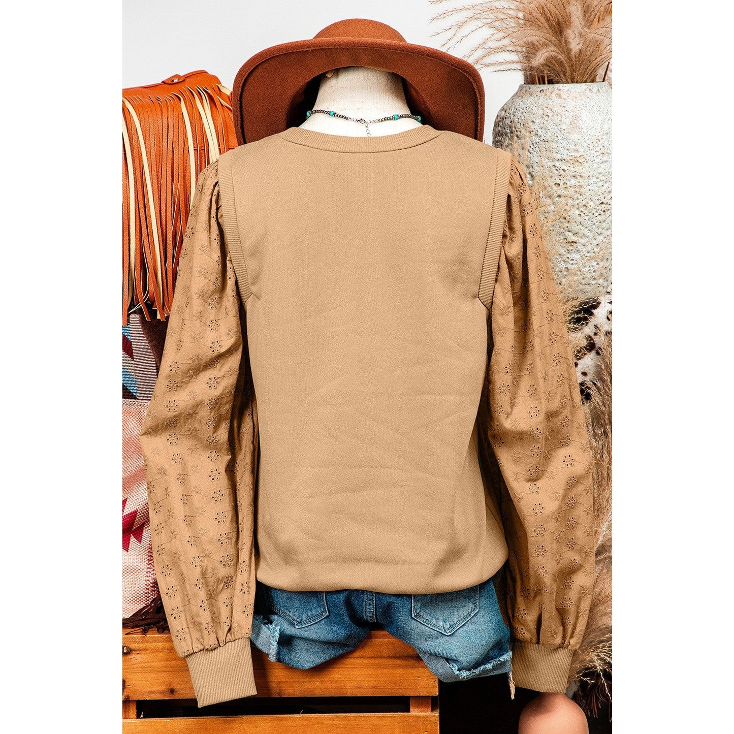 Lynn Khaki Patchwork Sleeve Round Neck Sweatshirt