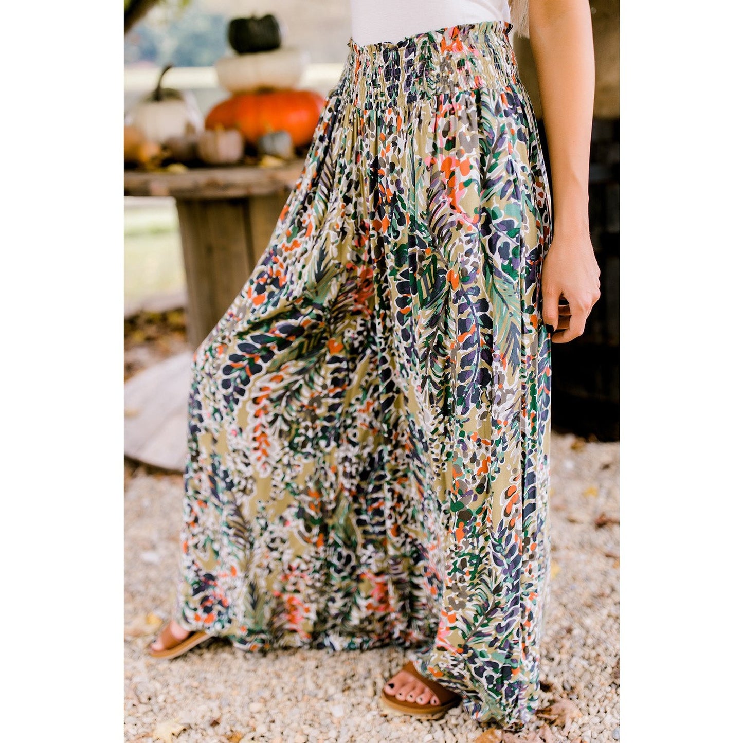 Lynnette Multicolor Floral Print Shirred High Waist Wide Leg Casual Pants