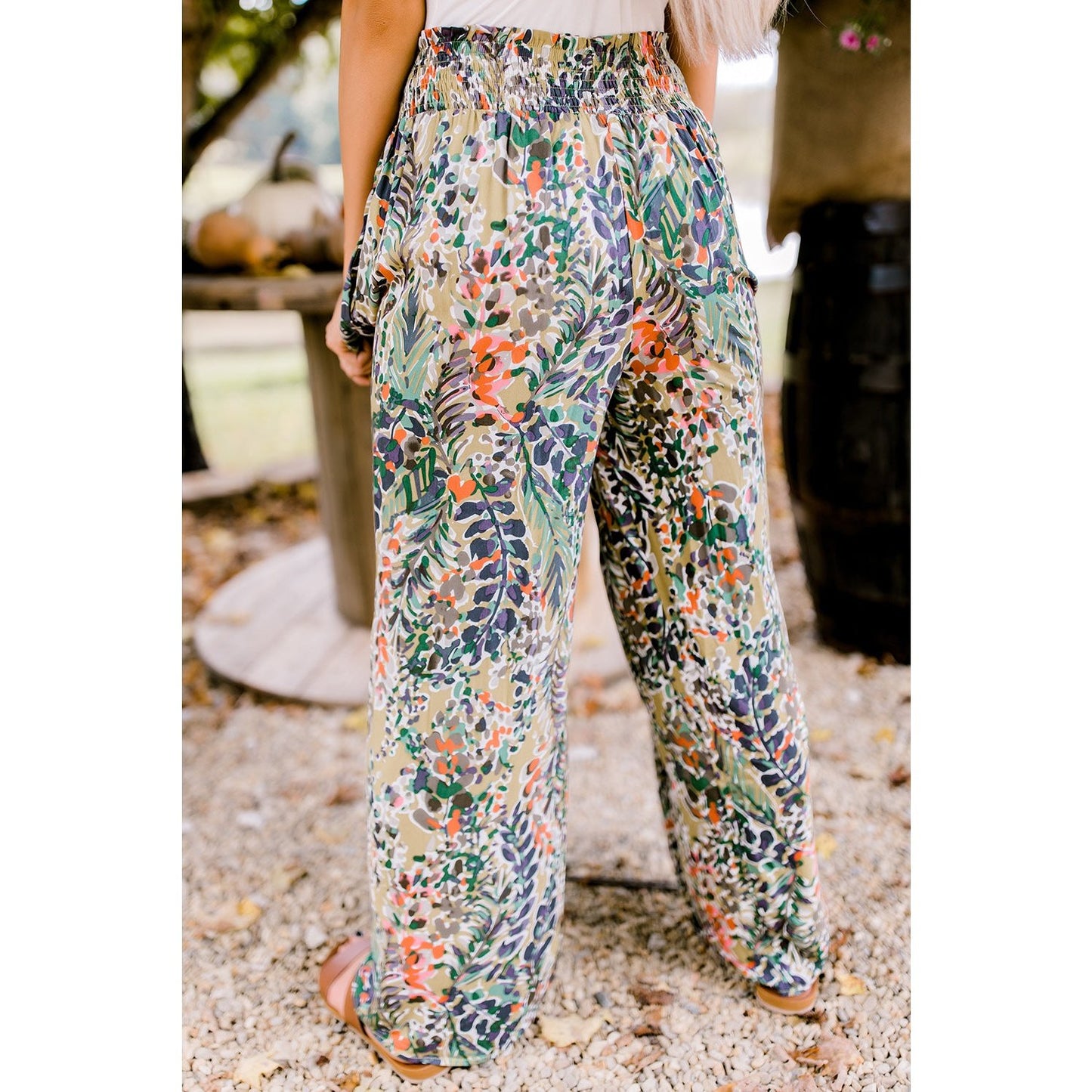 Lynnette Multicolor Floral Print Shirred High Waist Wide Leg Casual Pants