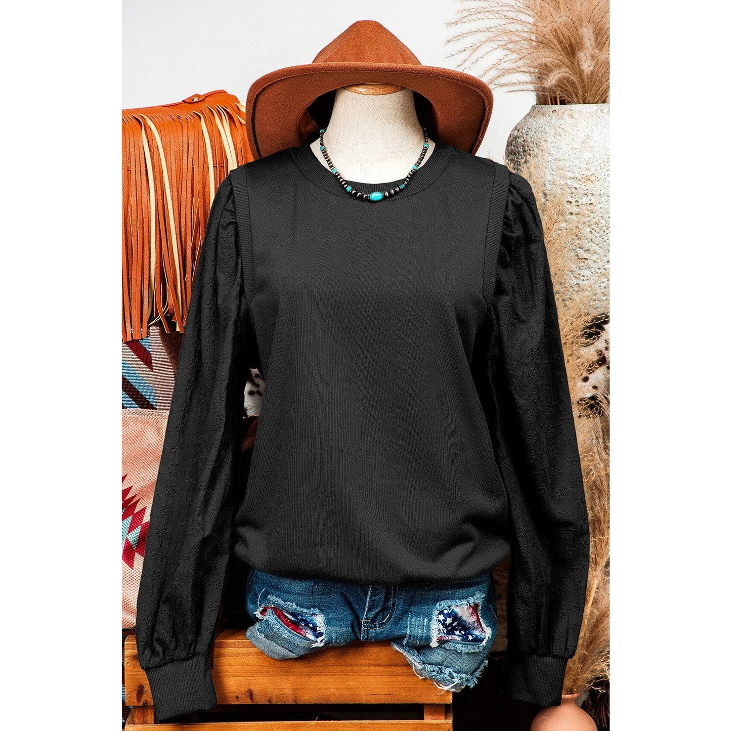 Lynn Black Patchwork Sleeve Round Neck Sweatshirt