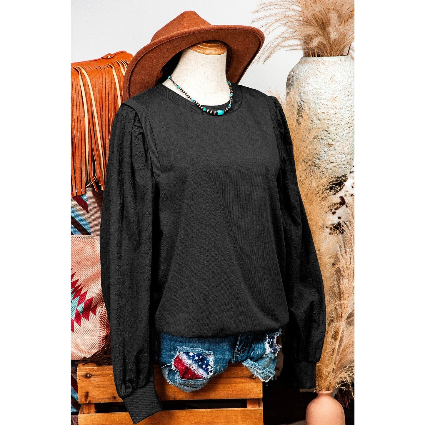 Lynn Black Patchwork Sleeve Round Neck Sweatshirt