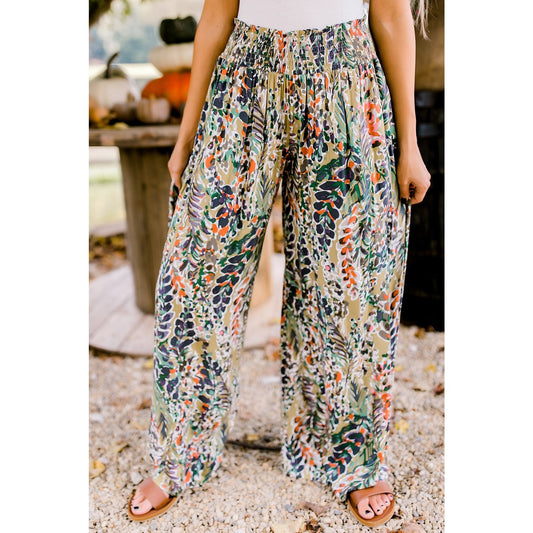 Lynnette Multicolor Floral Print Shirred High Waist Wide Leg Casual Pants