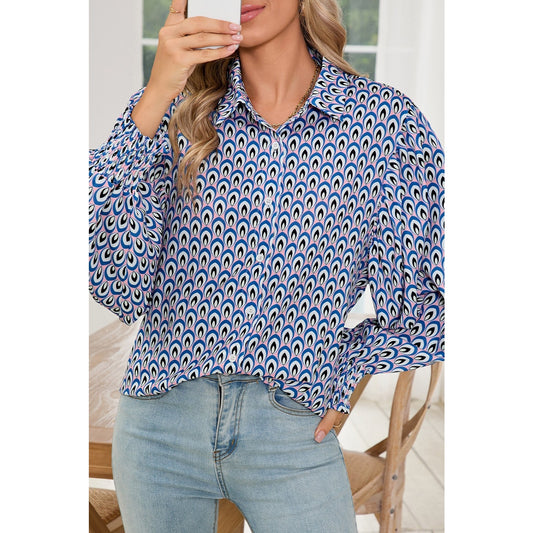 Lynneth Sky Blue Abstract Print Shirred Cuff Buttoned Oversized Shirt