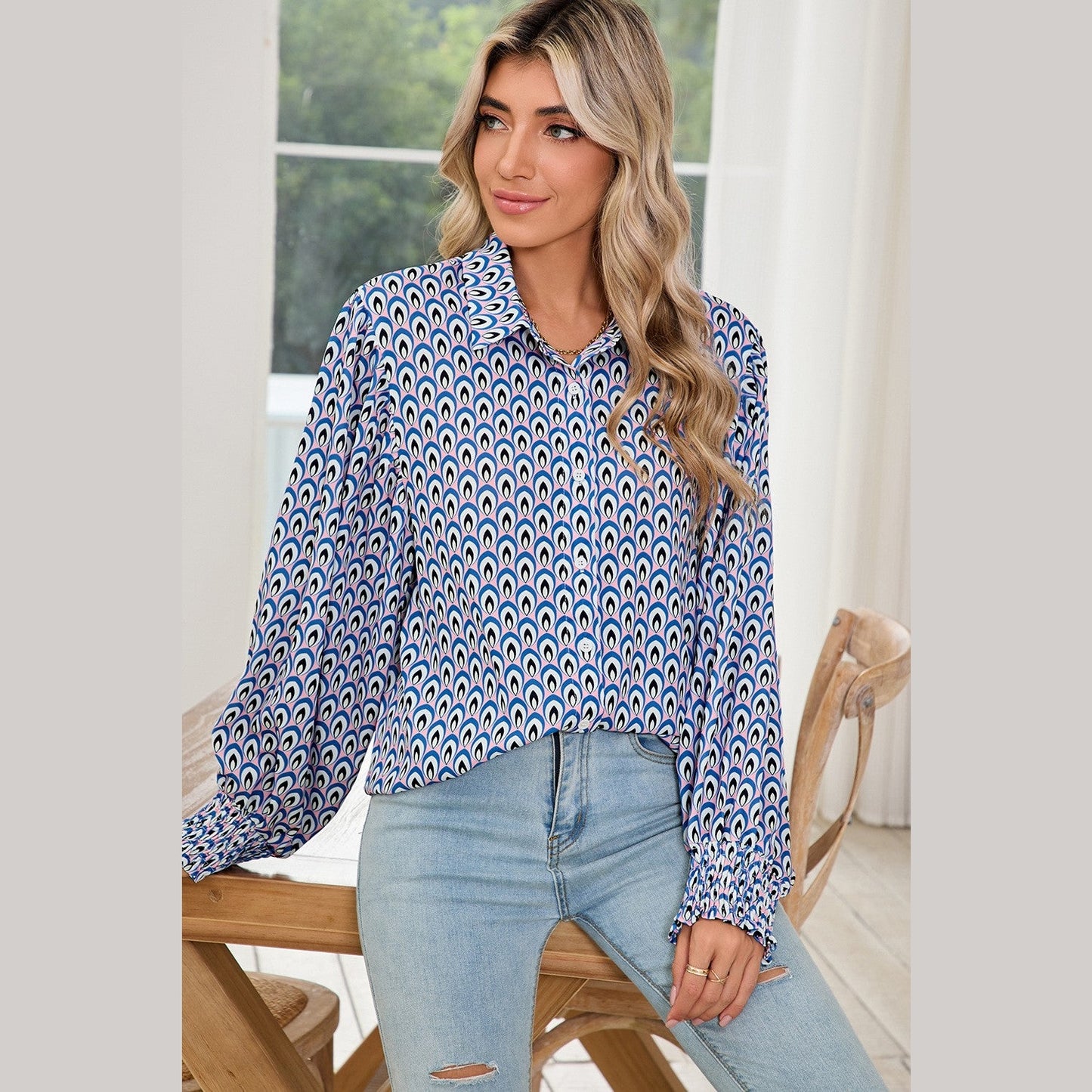 Lynneth Sky Blue Abstract Print Shirred Cuff Buttoned Oversized Shirt