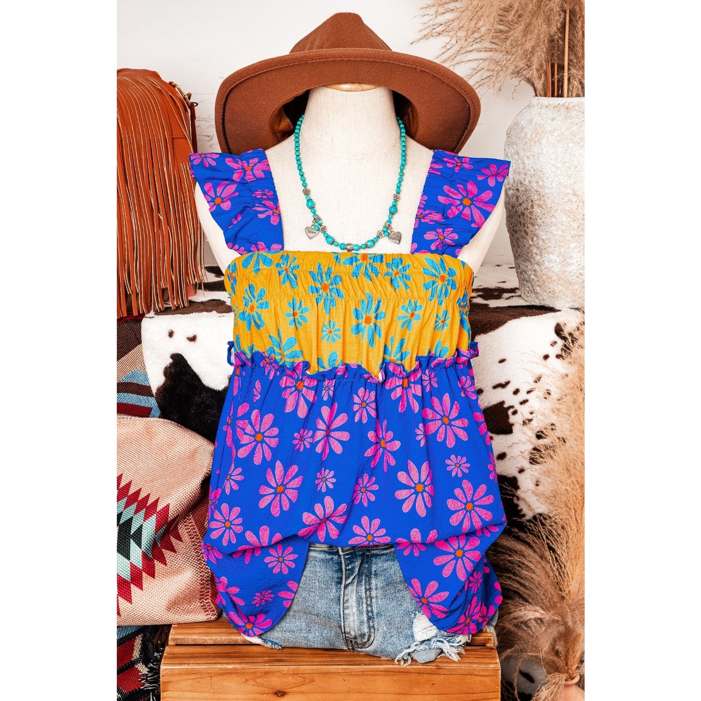 Mikah Blue Floral Colorblock Flutter Straps Flowy Tank Top