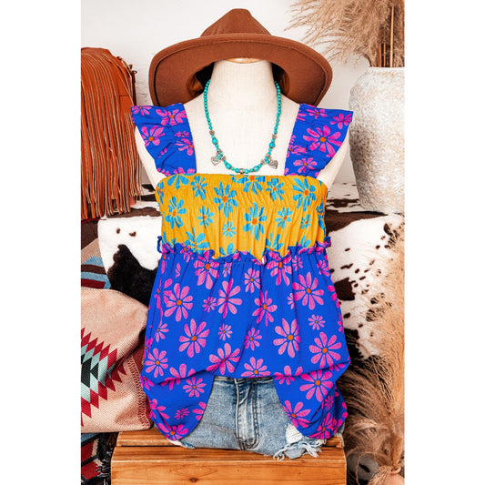 Mikah Blue Floral Colorblock Flutter Straps Flowy Tank Top
