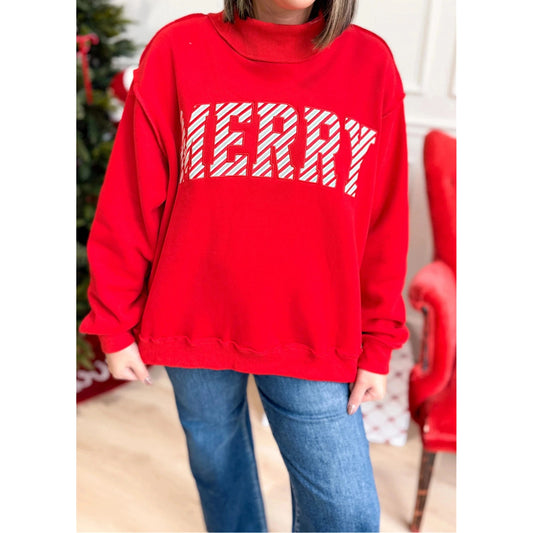 Fiery Red Embroidered Merry Slogan Stand Neck Long Sleeve Shift Sweatshirt
