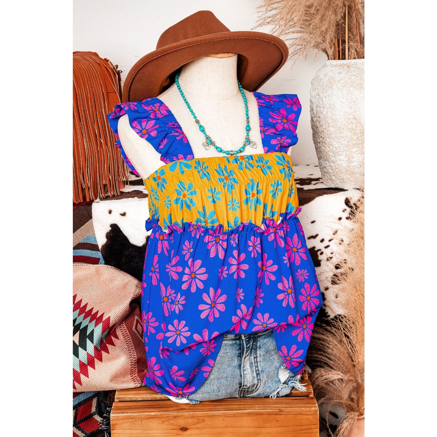 Mikah Blue Floral Colorblock Flutter Straps Flowy Tank Top