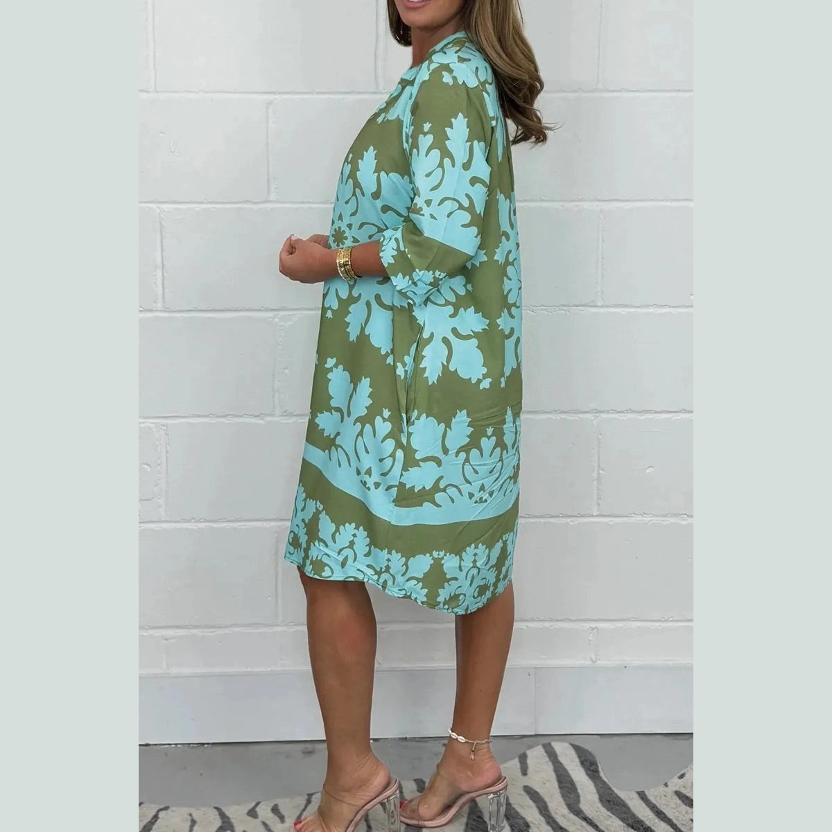Madelyn Green Floral Dress With V Neck And 3/4 Length Sleeve
