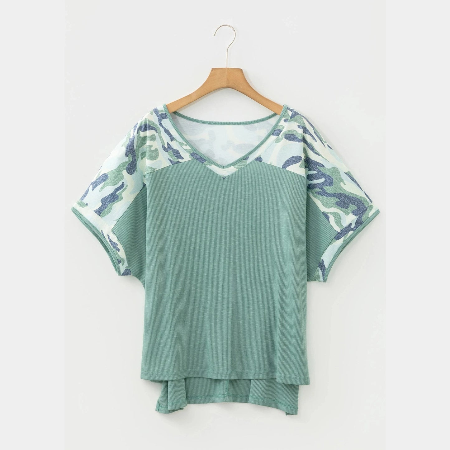 Maribelle Mist Green Ribbed Camouflage Patchwork Plus Size V Neck Tee