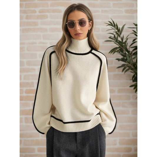 Maysel White Contrast Trim Turtleneck Sweater