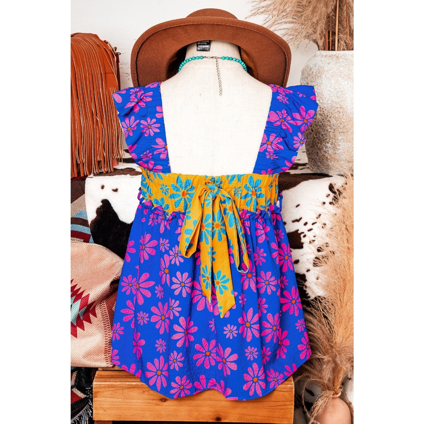 Mikah Blue Floral Colorblock Flutter Straps Flowy Tank Top