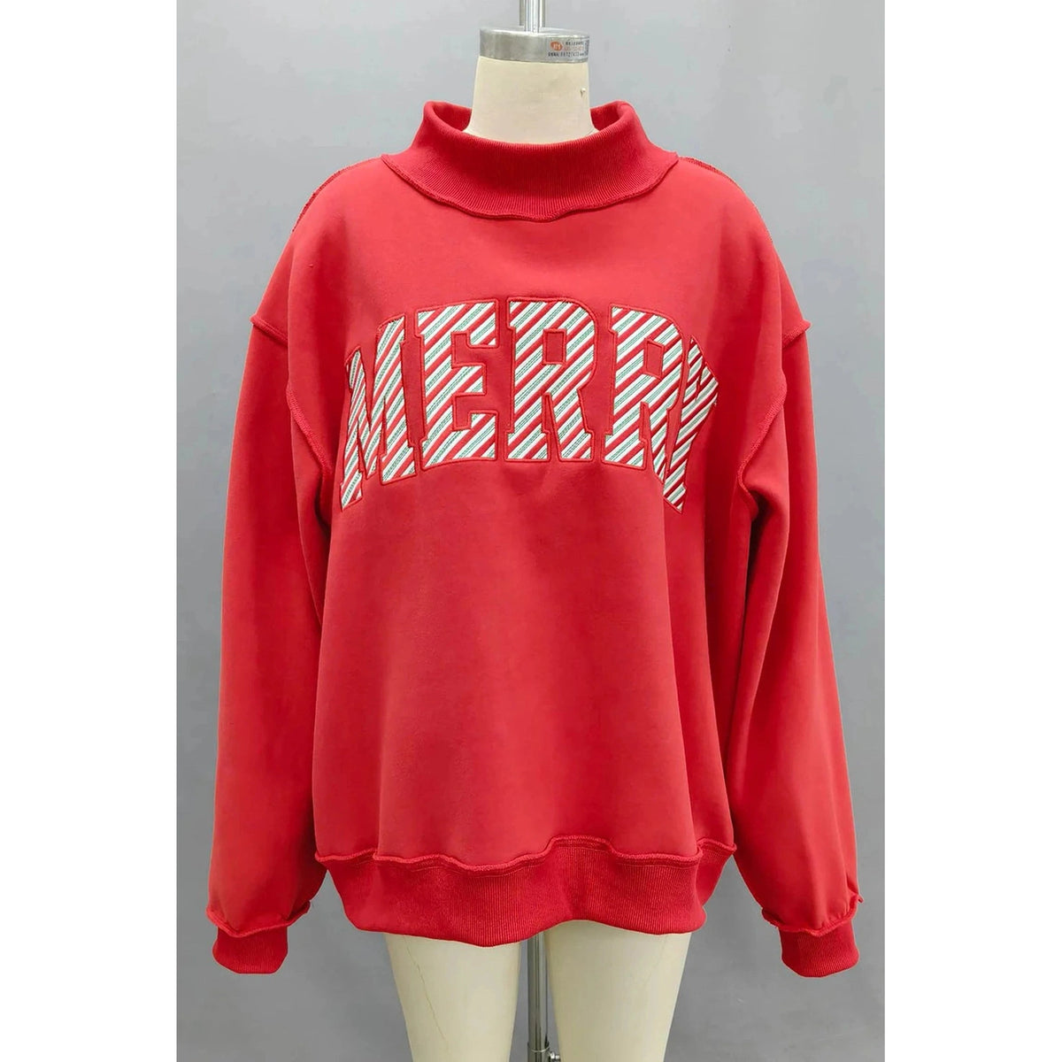 Fiery Red Embroidered Merry Slogan Stand Neck Long Sleeve Shift Sweatshirt
